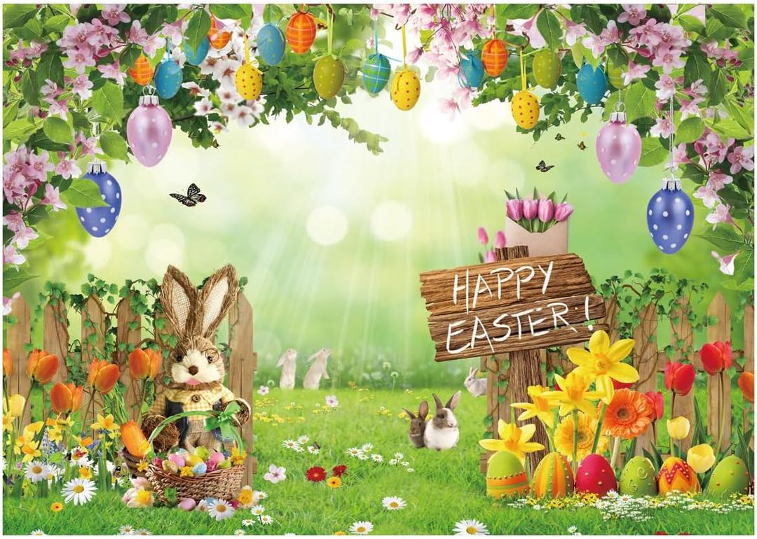 8X6FT Spring Easter Backdrop Sunshine Garden Fence Rabbit Egg Decoration Photography Backdrops Flower Backdrop Children Adult Portrait Photo Props DH-1106