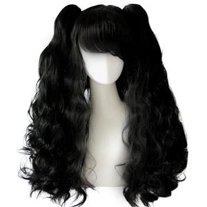 5PCS Set Black Ponytail Wig - Long Black Curly + Wavy Halloween Party Cosplay Wigs - Detachable Ponytails With Wig Cap