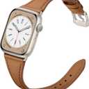 Slim Leather Bands Compatible with Apple Watch Band 42mm 41mm 40mm 38mm, Genuine Leather Replacement Strap for iWatch Series 11/10/9/8/7/6/5/4/3/2/1 SE 3/2/1 Women, Brown/Starlight