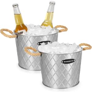 2 Pcs Ice Bucket with Handles, 4L Large Galvanized Metal Ice Bucket for Parties and Bar, Great for Indoor and Outdoor Use