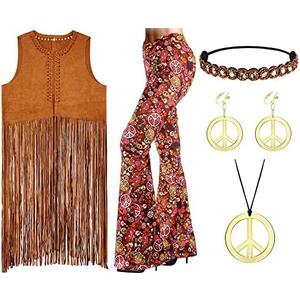 Geyoga Women 70s Hippie Costume Set Boho Fringe Vest Flared Pant Cardigan Peace Sign Earrings for Carnival Halloween Costume Party (Retro, Medium) Geyoga Women 70s Hippie Costume Set Boho Fringe Vest Flared Pant Cardigan Peace Sign Earrings for Carnival Halloween Costume Party (Retro, Medium)