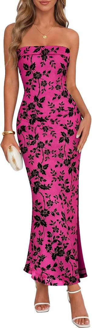 MEROKEETY Women's 2026 Summer Wedding Guest Dresses Formal Strapless Bodycon Floral Tube Mesh Cocktail Party Maxi Dress, Medium