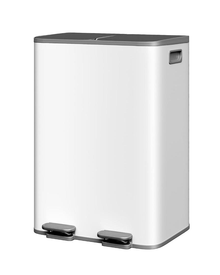 GarveeHome 2 x 8 gal Stainless Steel Double Trash Can with Lid for Kitchen, Large Dual Trash and Recycle Bin Combo, Step-on Kitchen Metal Garbage Cans, PP Inner Buckets, Liner Rim, Grayish-White