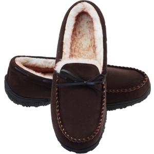 LA PLAGE Men's Moccasin Slippers Memory Foam Warm Plush House Slippers, Indoor Outdoor Comfortable Winter House Shoes (11, Dark Brown)