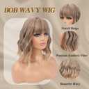 Brown Wig with Bangs Short Wavy Wigs for Women Honey Blonde Curly Shoulder Length Bob Wig Synthetic fiber Wigs for Cosplay Daily Party Use (14 Inch)