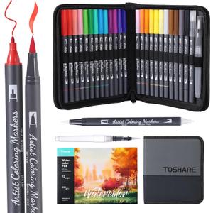 Watercolor Pens Set, 24-Color Dual Tip Paint Markers, Water-Based Coloring Markers with 1 Aquapen, 1 Colorless Blender, and 12-Page Pad, Art Supplies for Artists & Beginners