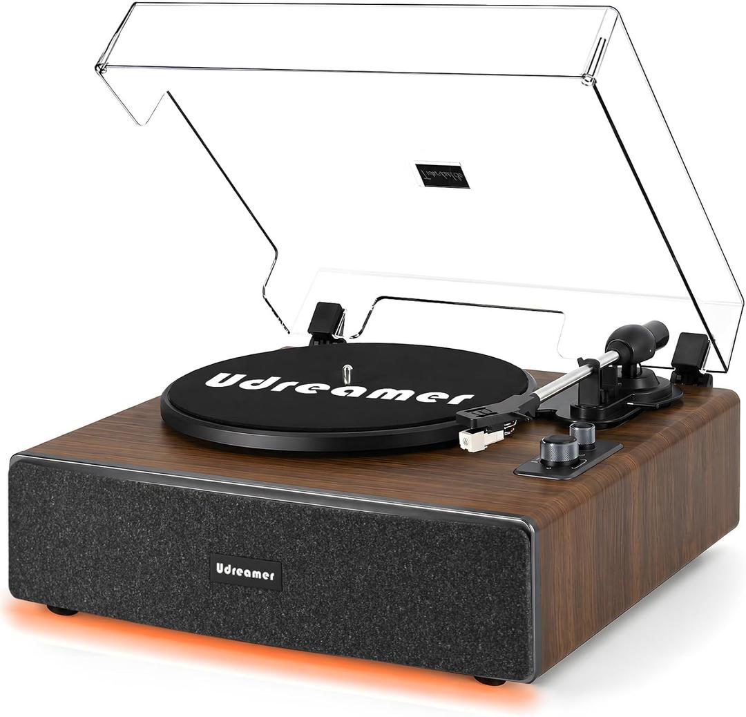 Udreamer Vinyl Record Player with Adjustable Lighting, All-in-One Turntable