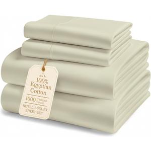 100% Egyptian Cotton Queen Size Sheets Premium 1000 Thread Count Sheets, 15" Deep Pocket Queen Sheet Set, Silky Sateen Weave, Breathable & Fade Resistant, Soft Luxury Bedding For Holiday Home -Linen