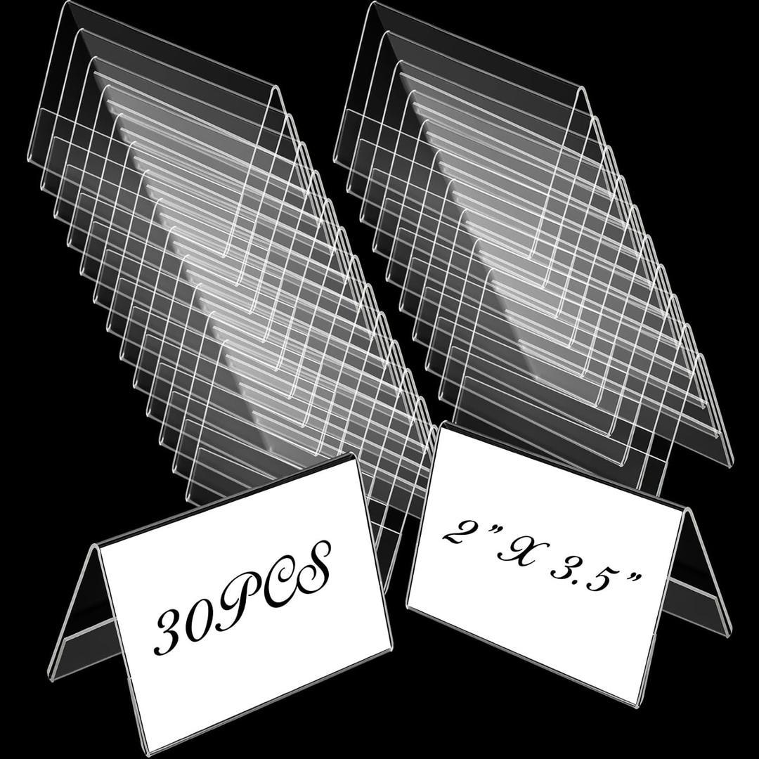 Fulmoon 30 Pcs Mini Acrylic Sign Holder, 2 x 3.5 Inches Small Clear Sign Display Holder Acrylic Name Plate for Desk Horizontal Nameplate V Shaped Display for Office School Store Business