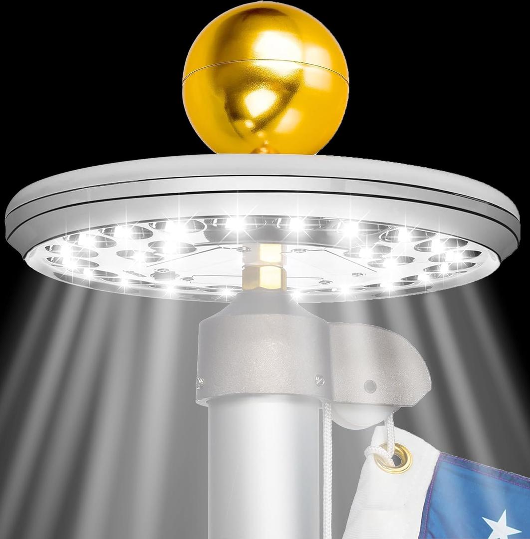 Deneve Solar Flag Pole Light  26 LED 1300 Lumen Super Bright, 12+ Hours Runtime, Auto On/Off, Durable Weatherproof Top-Mount for Outdoor Flagpoles (8 inches 26LED, Deluxe Silver)