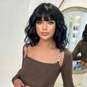 Black Wig with Bangs Short Wavy Wigs for Women Black Curly Shoulder Length Bob Wig Synthetic fiber Wigs for Daily Party Use14 Inch