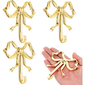 4 Packs Large Size Gold Bow Wall Hook, Gold Coat Hook, Metal Hooks, Bow Room Decor Hooks for Coats, Coffee Mugs, Hats, Bags, Bath Towels and Room Decorations
