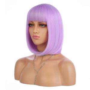 eNilecor Short Bob Hair Wigs 12" Straight with Flat Bangs Synthetic Colorful Cosplay Daily Party Lilac Neon Wig for Women Natural As Real Hair+ Free Wig Cap (Lavender Purple)