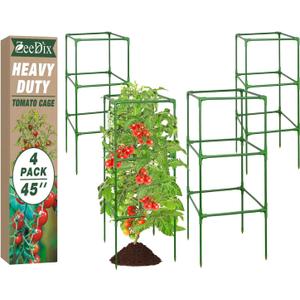 ZeeDix 45 Inch Tomato Cages 4 Pack, Heavy Duty Adjustable Metal Garden Plant Supports for Climbing Vegetables - Square Cage for Tomatoes, Cucumbers, Peas, Flowers with 40 Plant Clips