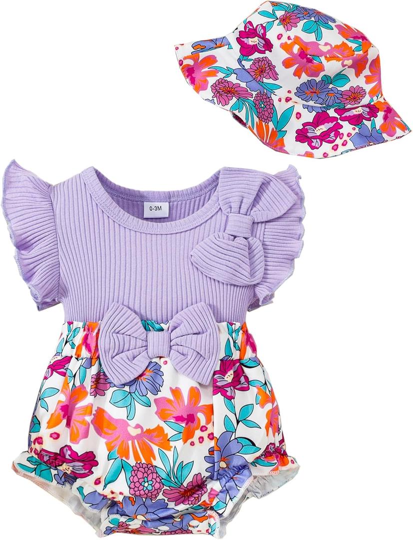 SUNNY PIGGY Newborn Baby Girl Clothes Baby Girl One Piece Romper Fall Winter Long Sleeve with Hat Sets Cute Infant Outfits (Purple)