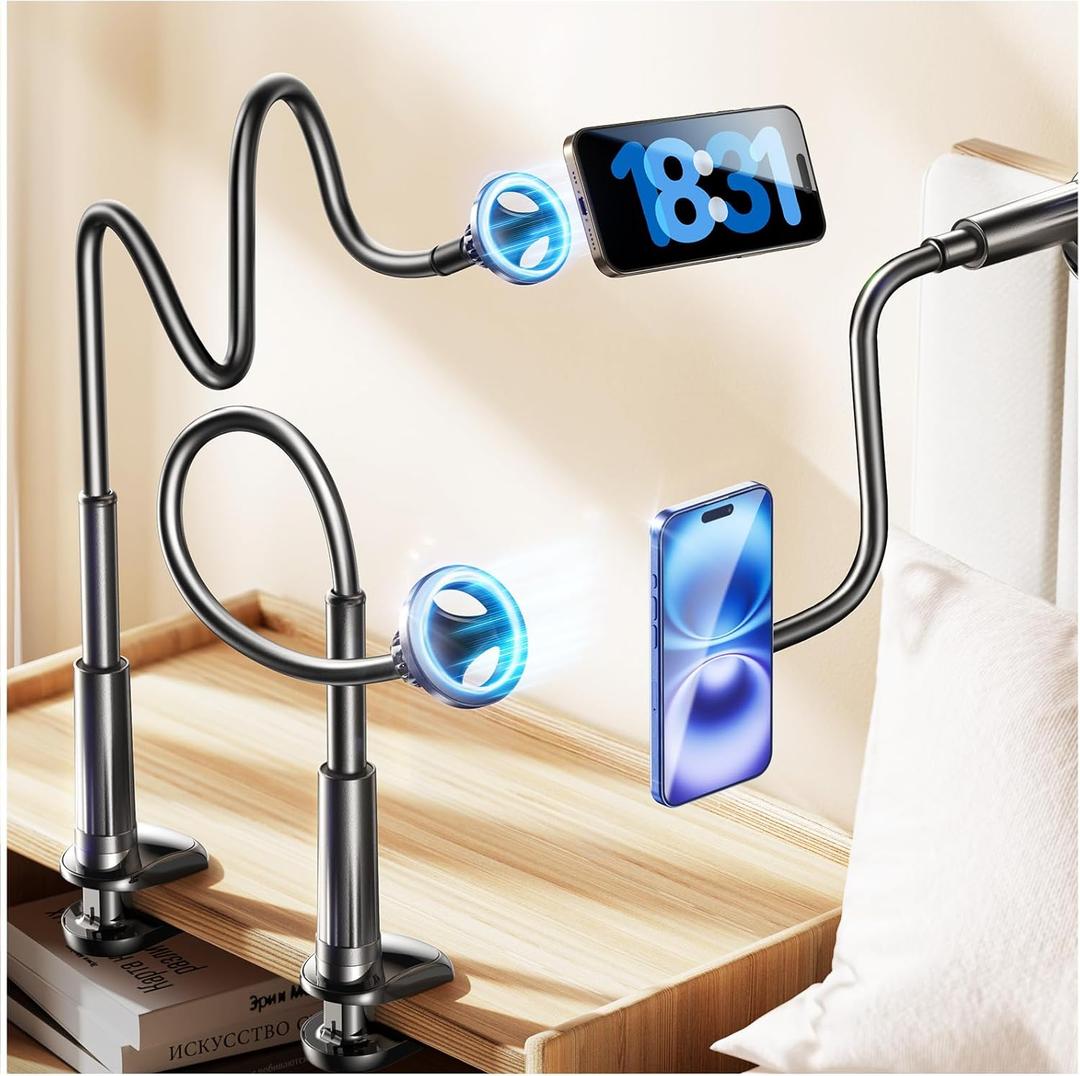 LISEN Gooseneck Phone Holder for Bed, MagSafe Stand for iPhone 16, Flexible Magnetic Adjustable Cell Phone Stand Compatible With iPhone 16 Pro 15 14 iPad