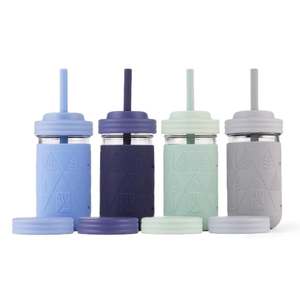 Elk and Friends Kids + Toddler Glass Cups | The Original 12oz Glass Mason Jar with Sleeves + Lids | Silicone Straws + Stopper | Smoothie Cup | Food Storage | Spill Resistant | Dishwasher Safe | 4 Pack
