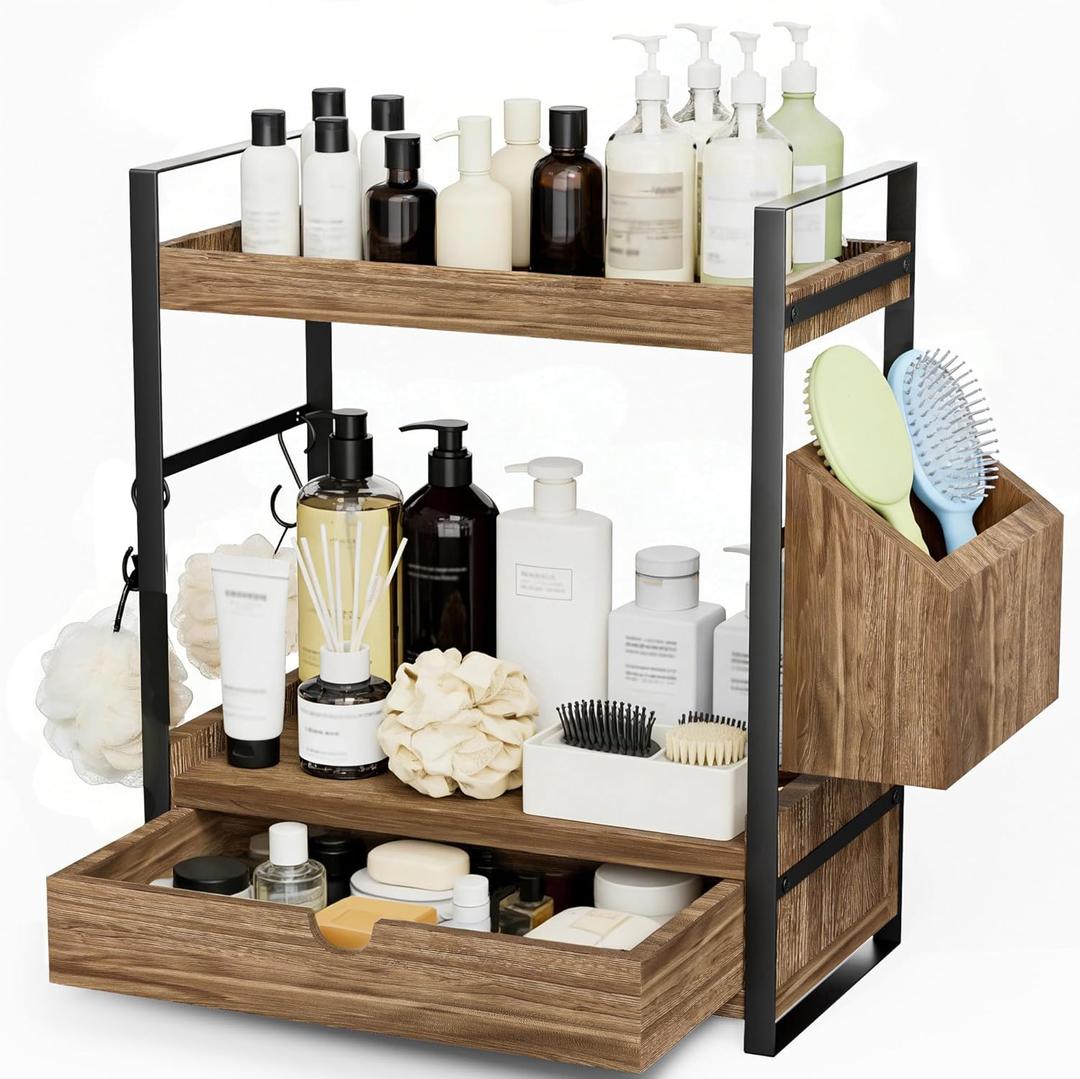 Kottwca 2-Tier Bathroom Counter Organizer with Drawer, Basket & Hooks, Wooden Vanity Shelf for Skincare, Perfume & Makeup Storage(Dark Brown)