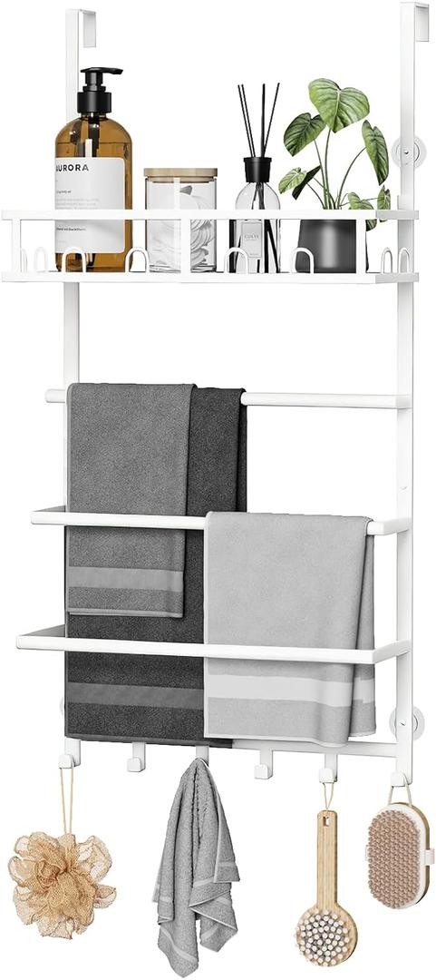 Aetyord Towel Racks for Bathroom Over The Door Towel Rack Towel Storage with Metal Shelf Basket and Hooks White
