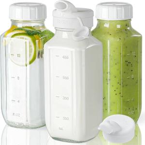 Syntic Glass Juice Bottles with Lids, 2 Pack Clear Glass Water Bottles w 2 Pour Spouts, 16 Oz Reusable Milk Jug w 100% Airtight Cap and Scale for Juicing Containers, Breast Milk Storage, Drinking Jar