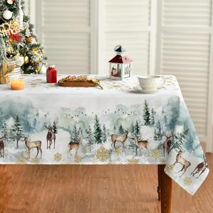 Horaldaily Christmas Tablecloth 60×104 Inch, Golden Snow Deers Washable Table Cover for Party Picnic Dinner Decor