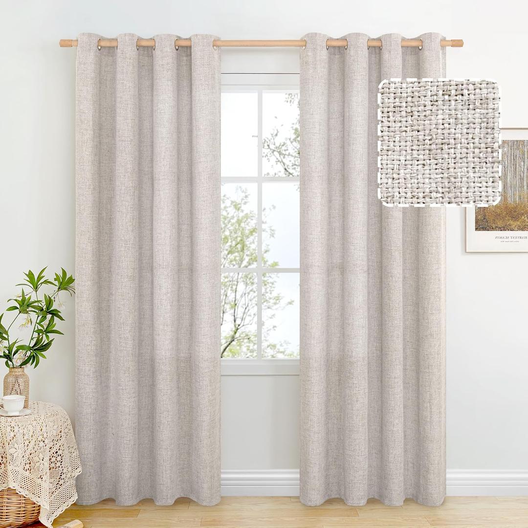 BGment Grey Brown Linen Curtains 84 Inch Long for Living Room - Burlap Textured Light Filtering Window Treatments Grommet Sheer Drapes for Farmhouse, 2 Panels, 52 X 84 Inch