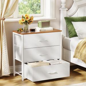 Farmhouse Nightstand with 3 Storage Drawers, White+Walnut, 23.6"D x 25"W x 11.8"H