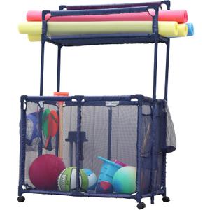 Essentially Yours Pool Noodles Holder, Toys, Floats, Balls, Equipment Mesh Rolling Double Decker Storage Organizer Bin, Large with Noodle Holder, (35.3" W x 23" L x 59.4" H), Blue Style 561935