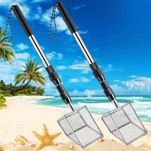 2 Ps Shell Scooper for Beach, Shark Tooth Sifter with Stainless Steel Adjustable Long Handle, Sand Sifter and Shovel Tool for The Beach to Collecting Shells, Shark Teeth Dipper for Kids and Adults, Long Handle-2Pack
