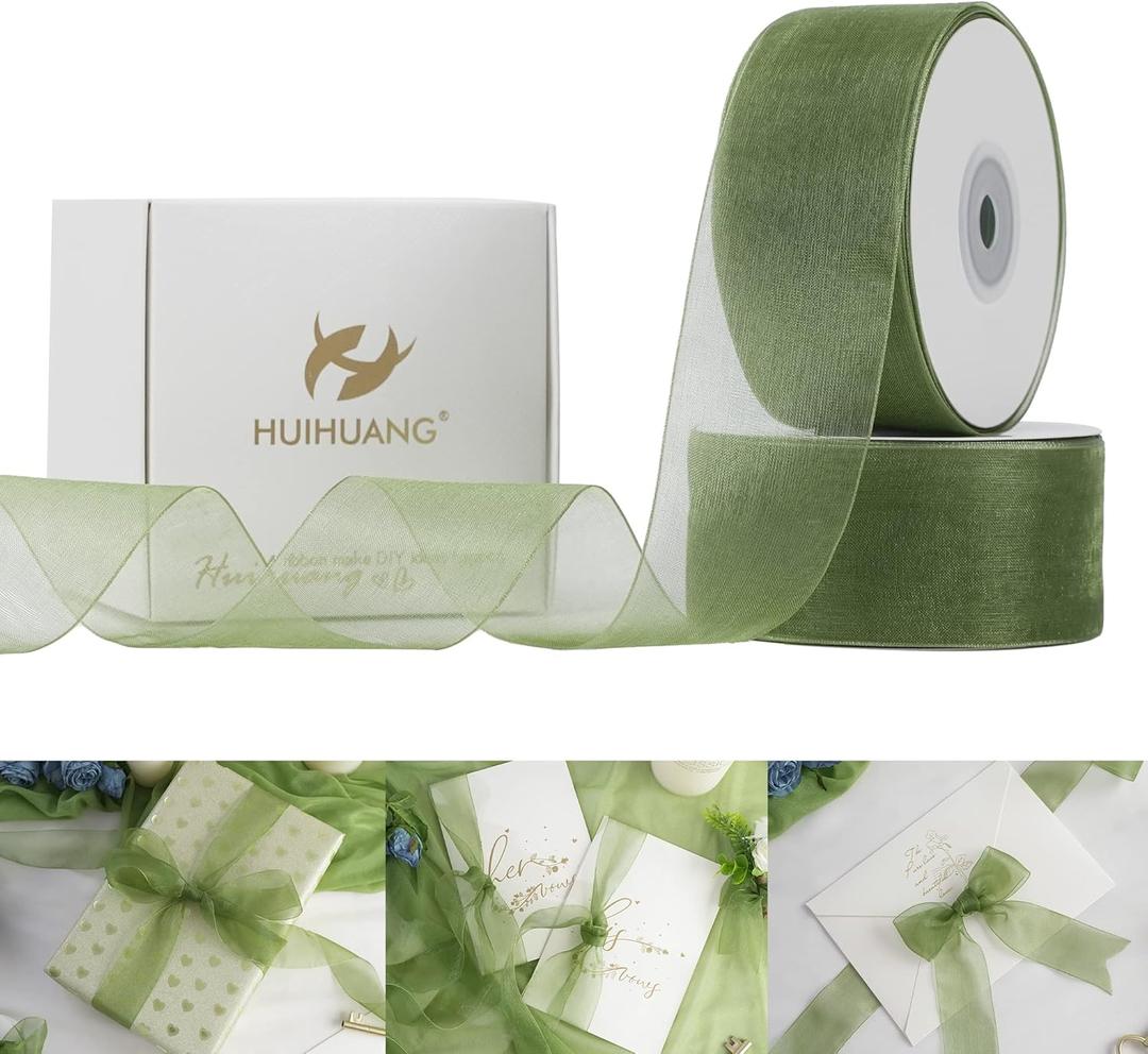 HUIHUANG Moss Green Organza Ribbon 1-1/2" Moss Shimmer Sheer Ribbon for Wedding Gift Wrapping Floral Bouquet Baby Shower Bridal Shower All Types of Crafts - 100 Yards Totally (1.5 inch)