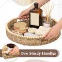 Round Wicker Tray 16'' Large Seagrass Tray Decor with Wooden Beads and Handles, Woven Dining Room Decor for Kitchen Counter, Living Room, Bedroom (Seagrass)