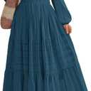 Women's Long Sleeve Maxi Dress with Pockets Spring Fall 2026 V-Neck Flowy Casual Wedding Guest Dress Elastic Waist (L)