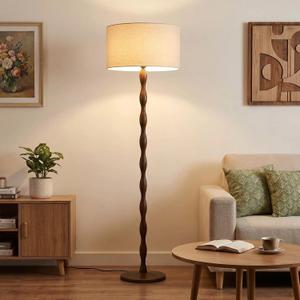 65" Farmhouse Wavy Walnut Wood Floor Lamp with Natural Linen Shade, Beige