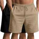 Ficerd 2 Pack Cotton Linen Big and Tall Shorts for Men Drawstring Elastic Waist 7" Summer Beach Bermuda with Pockets (Black, XXL)