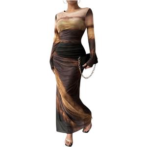 Women's Long Sleeves Maxi Bodycon Dress Tie Dye Ruched Mesh Layer Prom Formal Wedding Elegant 
Dresses, Medium