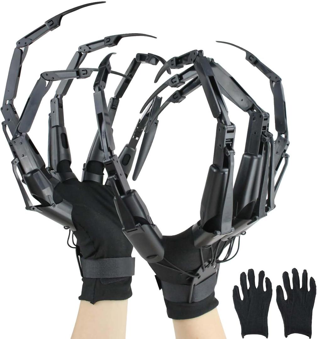 Halloween Articulated Fingers with Extension Nails & Gloves, Upgrade 3D Claw Hands Skeleton Articulated Finger Extensions for Cosplay, Flexible Halloween Gear Decoration Fits Most Finger Sizes-Black