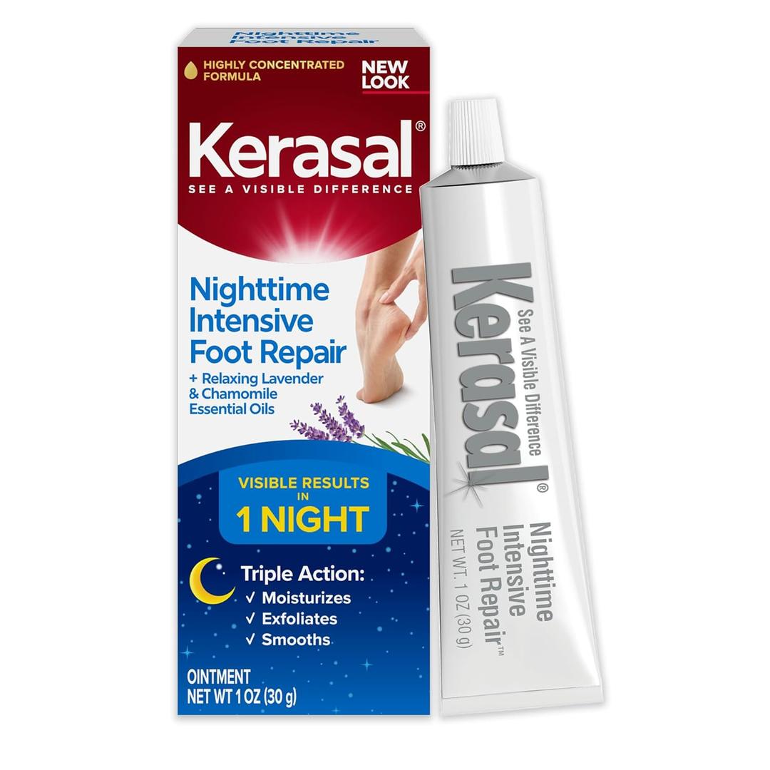 Kerasal Nighttime Intensive Foot Repair, Skin Healing Ointment for Cracked Heels and Dry Feet, 1 oz (Packaging May Vary)