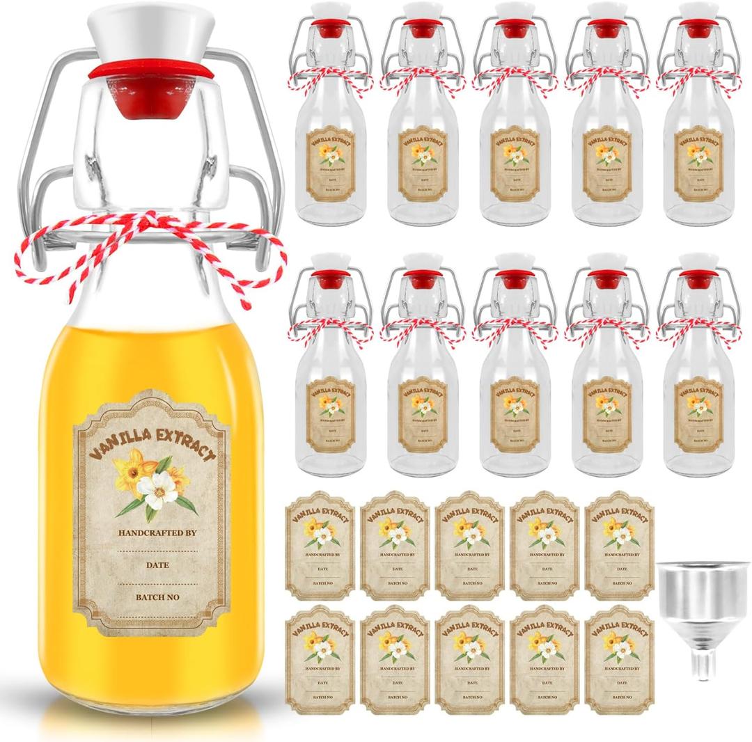 10 pack Vanilla Extract Bottles Flip Top vanilla bottles,10 pcs Vanilla Extract Stickers for homemade vanilla extract bottles Syrup Gift Glass Food Storage Canister Set (Transparent , 4oz-10pack)