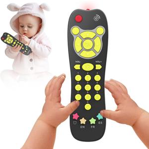 KALUYA Baby TV Remote Toy, Toddlers Remote Control Toy Kids Realistic Play Remote Early Educational Baby Musical Toys with Light and Sound English French Spanish for Infant Boys Girls 6 Month+, Black