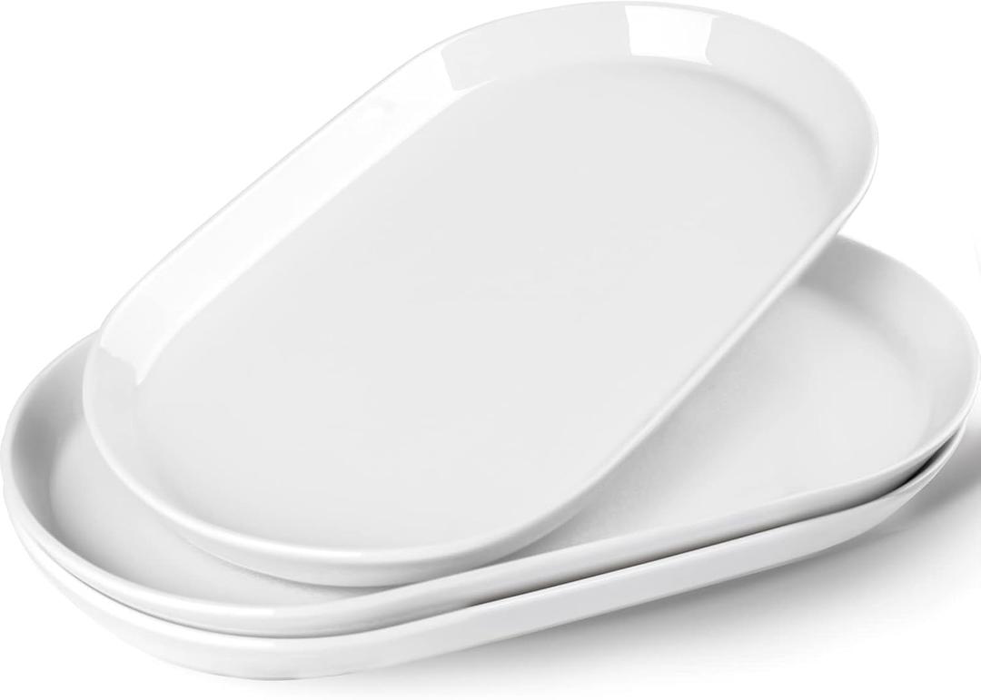 Taeochiy 14" Oval Serving Platter Set of 3 - Ceramic Large White Platters for Entertaining Party, Serving Plates for Turkey Meat Sushi, Oven Dishwasher Safe