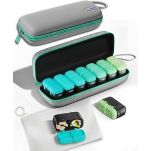 Weekly Pill Organizer, 7 Day Travel Medicine Pill case with Moisture-Proof Silicone Lid, Large AM PM Daily Pill Organizer 2 Times a Day for Vitamins & Supplements, Secure Zipper Pill Box(Green)