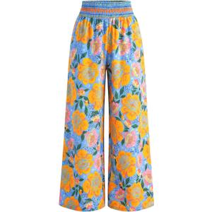 BTFBM Floral Wide Leg Pants Woman Spring Summer 2026 Smocked Elastic Waist Long Pant Resort Wear Beach Vacation Outfits(Light Blue, Large)