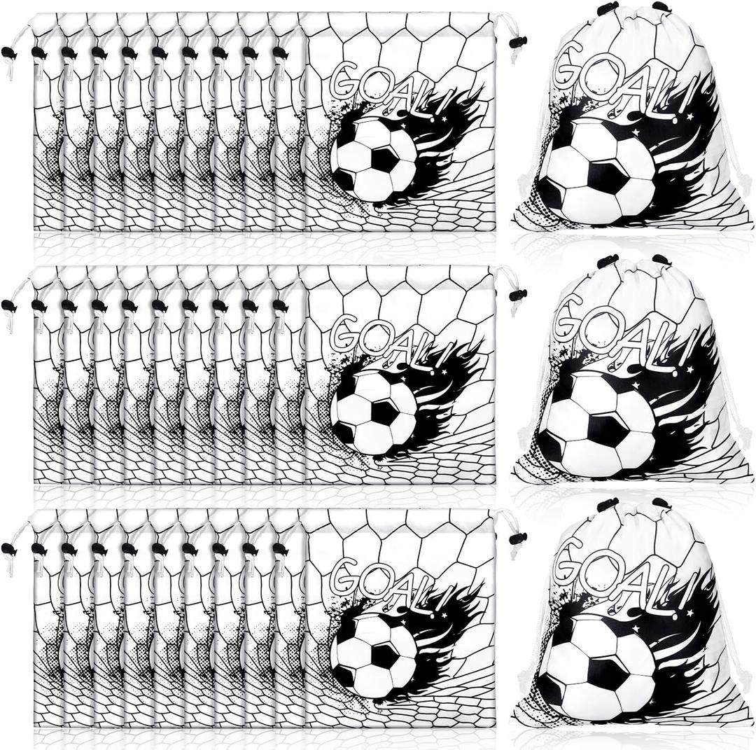 Xuhal 24 Pcs Soccer Drawstring Bags Soccer Party Favors Snack Goodie Gift Bags Sport Ball Drawstring Backpack for Team Ball Birthday Party Decoration Baby Shower Supplies(Black, White)