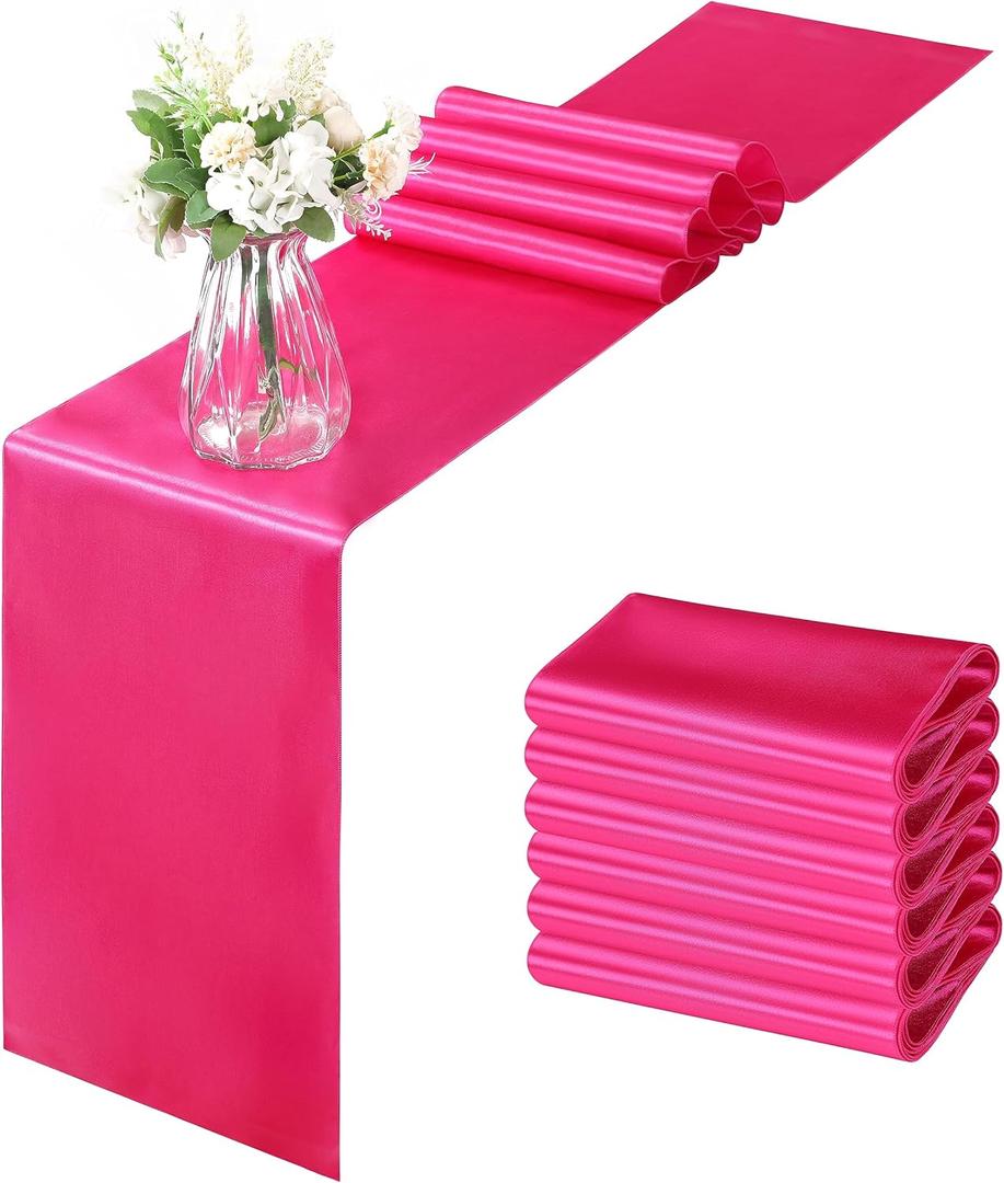 Horbaunal 6 Pack Satin Runners 12 x 108 Inch Bright Silky Smooth Satin Table Runners for Birthday Wedding Party Banquets, Hot Pink