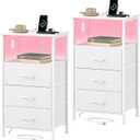 Somdot Nightstands Set of 2,Bedside Tables with Charging Station and LED Lights,Night Stand with 3 Fabric Drawers, End Tables with Open Shelf for Small Spaces Bedroom Entryway Hallway, White Leather, 11.8"D x 15.7"W x 28.3"H