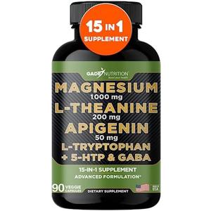Gade Nutrition Magnesium Glycinate & Magnesium Supplements with Apigenin, L-Theanine 200 mg, 5 HTP, GABA Calm Brain Booster Supplement Sleep Aid Ashwagandha L Tryptophan Chamomile, BBD: 12/2028