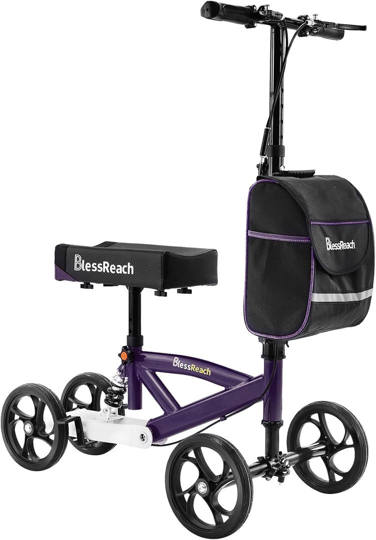 BlessReach Steerable Knee Walker Deluxe Medical Scooter for Foot Injuries Compact Crutches, with Dual Rear on-Wheel Brake and Shock Absorption Under The Knee pad（Purple）