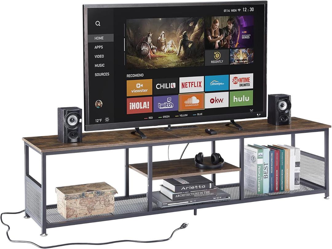 VECELO TV Stand with Power Outlets for Televisions up to 80 Inch,70" Media Entertainment Center with Charging Station 3-Tier Open Storage Shelves with Metal Frame for Living Room/BedroomBrown