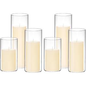 Set of 6 White Pillar Candles with Clear Glass Hurricane Holders- Elegant Cylinder Candle Vases for Weddings, Parties, Centerpieces, Home & Office Decor (Lvory White, 6 Set)