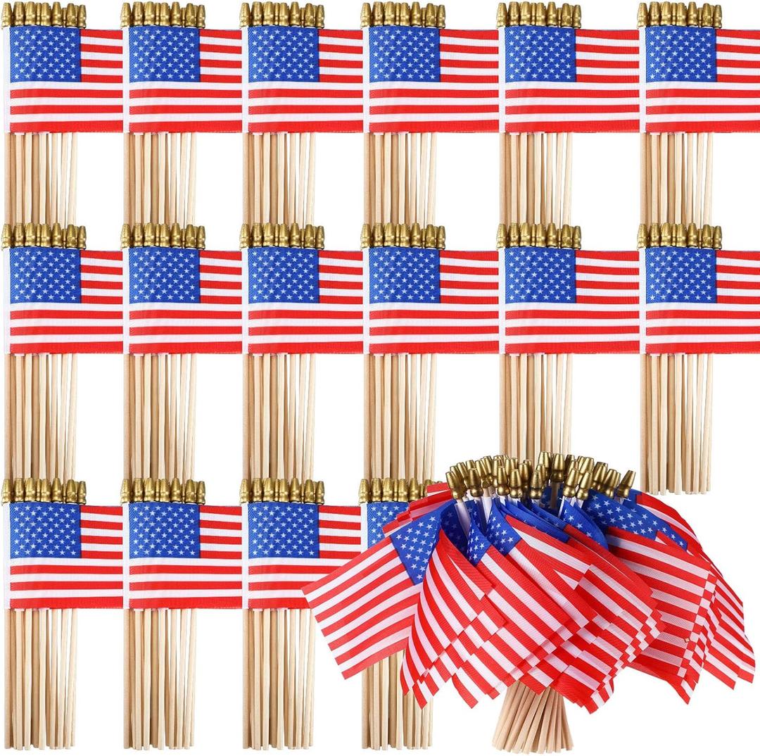 500 Pcs Small American Flags on Stick 4 x 6 Inch Mini American Handheld USA Flags Polyester 4th of July Decorations with Safety Golden Spear Tops for Memorial Day Independence Day Decorations